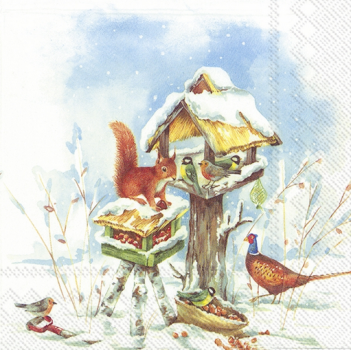 Serviette Vogelhäuschen im Schnee, Eichhörnchen